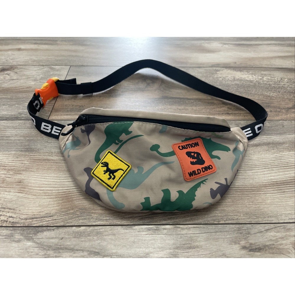 Zara Wild Dino Fanny Pack Bag Kids Beige Canvas Dinosaur Belt Bag